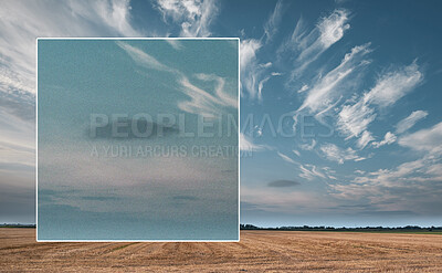 Buy stock photo Ufo, spaceship in sky and alien on camera screen outdoor in nature or countryside. Evidence of extraterrestrial spacecraft, science fiction and recording surreal flying saucer on camcorder in clouds