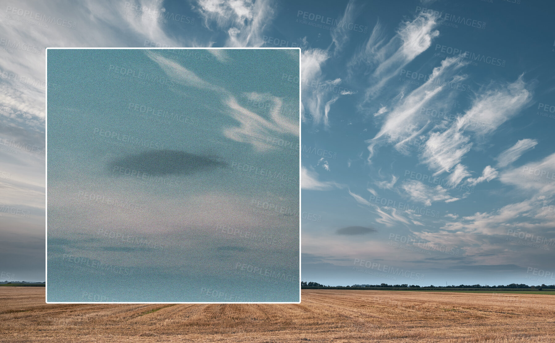 Buy stock photo Ufo, spaceship in sky and alien on camera screen outdoor in nature or countryside. Evidence of extraterrestrial spacecraft, science fiction and recording surreal flying saucer on camcorder in clouds