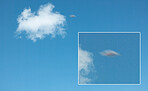 Ufo, spaceship in blue sky and alien on camera screen outdoor, surreal flying saucer and mockup space. Evidence of extraterrestrial spacecraft, drone in flight recording on camcorder or UAP in clouds