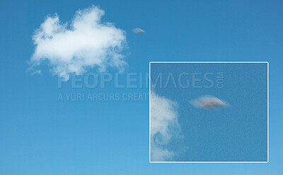 Buy stock photo Ufo, spaceship in blue sky and alien on camera screen outdoor, surreal flying saucer and mockup space. Evidence of extraterrestrial spacecraft, drone in flight recording on camcorder or UAP in clouds