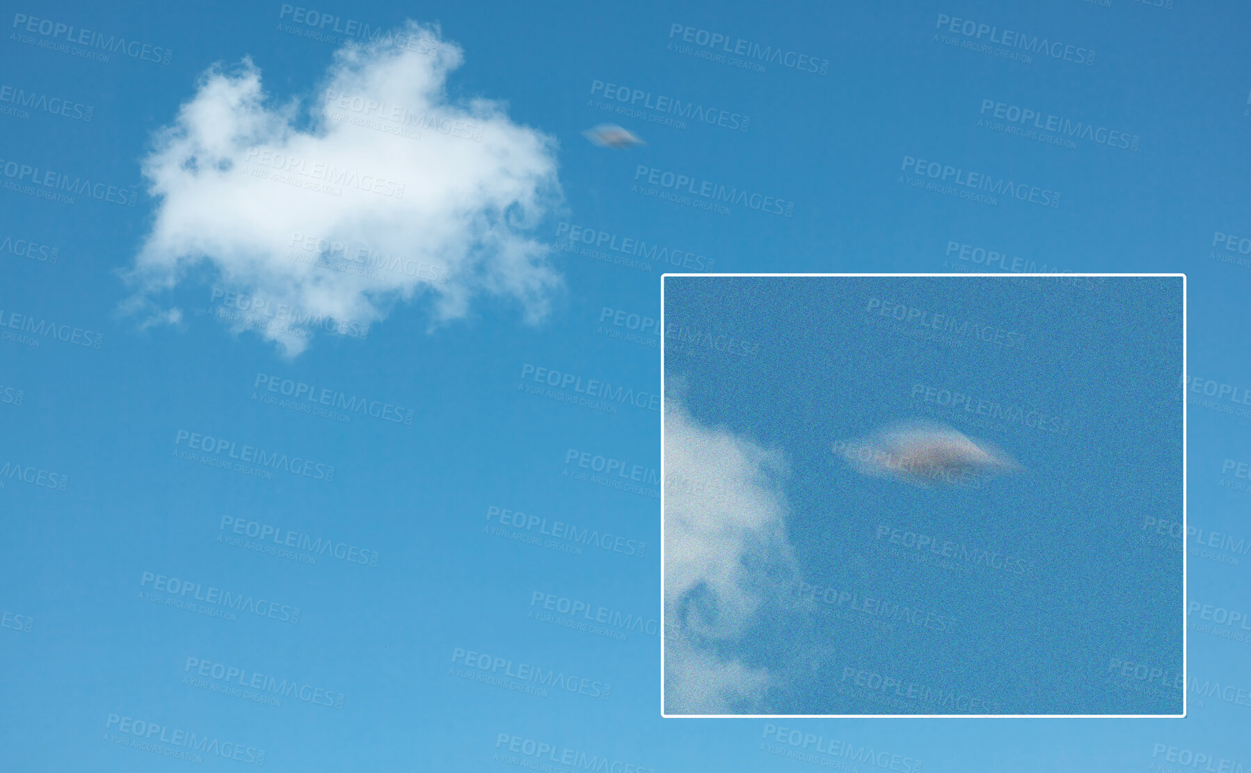 Buy stock photo Ufo, spaceship in blue sky and alien on camera screen outdoor, surreal flying saucer and mockup space. Evidence of extraterrestrial spacecraft, drone in flight recording on camcorder or UAP in clouds