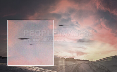 Buy stock photo Ufo, extraterrestrial or blur spaceship in sky with science fiction, fantasy or countryside search. Alien, supernatural or surreal object for futuristic, mysterious and flying saucer in outer space