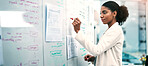 Business woman, writing and whiteboard in planning, brainstorming or corporate strategy at office. Female person or employee in project plan, ideas or tasks for agenda, schedule or notes at workplace