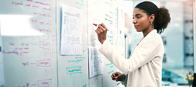 Buy stock photo Business woman, writing and whiteboard in planning, brainstorming or corporate strategy at office. Female person or employee in project plan, ideas or tasks for agenda, schedule or notes at workplace