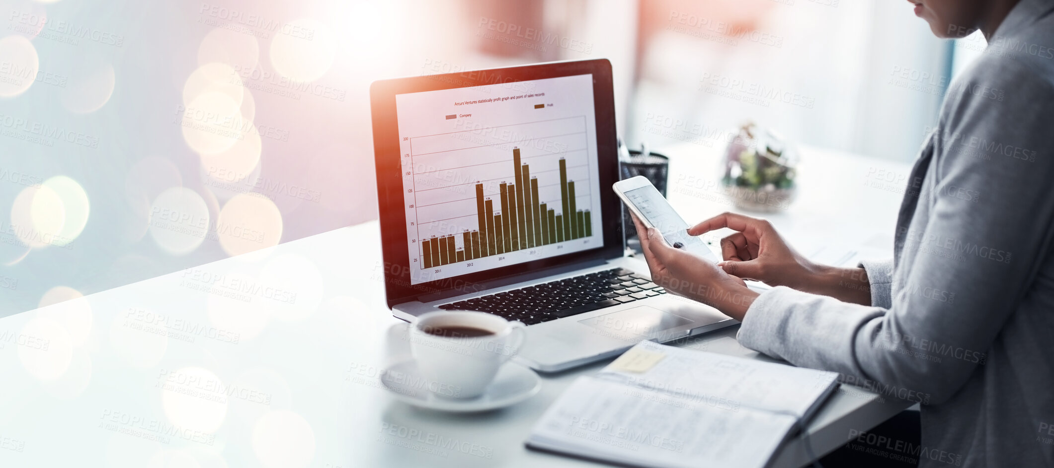 Buy stock photo Closeup, laptop and woman with a smartphone, finance and planning with lens flare, overlay and investment. Person, accountant and employee with pc, screen and cellphone with stock market and trading