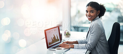 Buy stock photo Portrait, laptop and woman with a smile, finance and website with lens flare, internet and investment. Person, accountant and worker with pc, screen and budget with stock market, charts and graphs