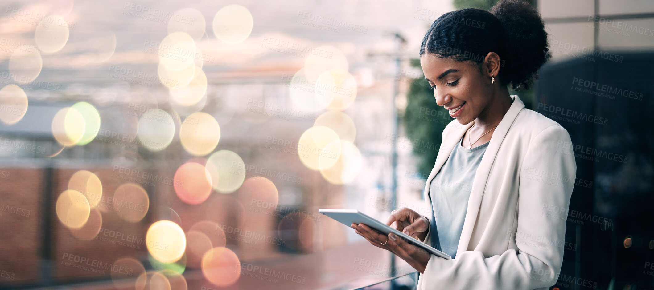 Buy stock photo Tablet, space and double exposure with a business black woman in the office at night for research. Smile, technology and a happy young professional employee on mockup flare for corporate planning