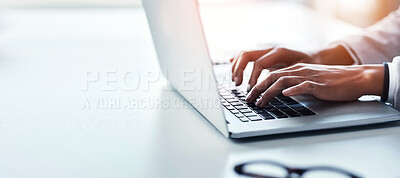 Buy stock photo Hands, laptop and a business woman typing on space in the office while working on a report or research. Computer, mockup and flare with a professional employee closeup at a desk in the workplace