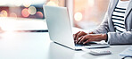 Hands, laptop and a business woman typing on double exposure space in an office while working on a research report. Computer, mockup and flare with a professional employee closeup at a workplace desk