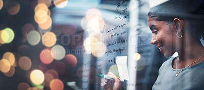 Buy stock photo Happy woman, writing and schedule planning at night on glass board for strategy or ideas at office on bokeh background. Female person smile working late on project plan, tasks or agenda at workplace