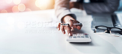 Buy stock photo Person, hand and calculator for finance, budget planning or accounting audit on mockup at office. Closeup of accountant or employee in financial management, profit or expenses on bokeh background