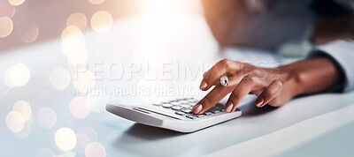 Buy stock photo Person, hand and calculator for accounting, finance or audit in budget planning on bokeh background at office. Closeup of accountant or employee in financial management, profit or bills and expenses