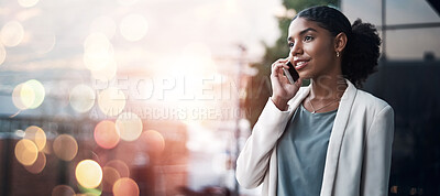 Buy stock photo Business, banner and woman with conversation, phone call and accountant with communication, connection and speaking. Person, entrepreneur and investor with a smartphone, digital app and discussion 