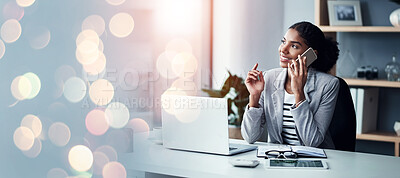 Buy stock photo Business, banner and woman with a laptop, phone call and accountant with communication, thinking and bokeh. Person, entrepreneur and investor with a smartphone, pc and conversation with connection