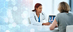 Doctor, patient and pointing with diagnosis on banner for mock up, bokeh and overlay for healthcare. Diversity, medicine and technology with results for treatment, surgery or hospital for wellness