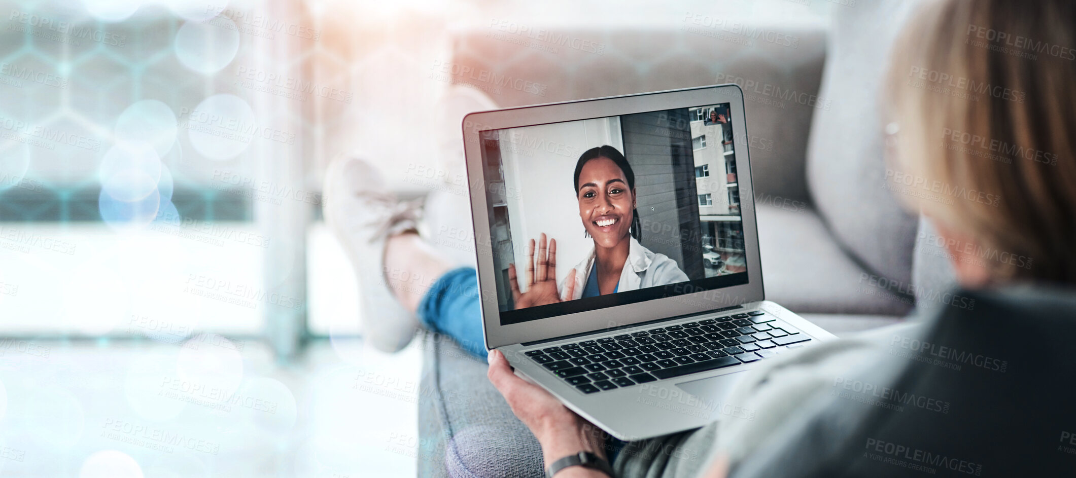 Buy stock photo Doctor, video call and consult on laptop for communication on banner, bokeh and overlay in mockup for medicare. People, face and talk in hospital for health, patient and telehealth consulting