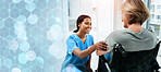 Patient with disability, nurse and discussion in hospital for healthcare, wellness and medicare. Medical professional, bokeh and overlay in mockup, marketing and advertising for trust in advice