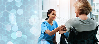 Buy stock photo Patient with disability, nurse and discussion in hospital for healthcare, wellness and medicare. Medical professional, bokeh and overlay in mockup, marketing and advertising for trust in advice