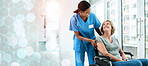 Patient with disability, nurse and smile in clinic for healthcare, wellness and medicare. Medical professional, bokeh and overlay in mockup, marketing and advertising, assistance and insurance