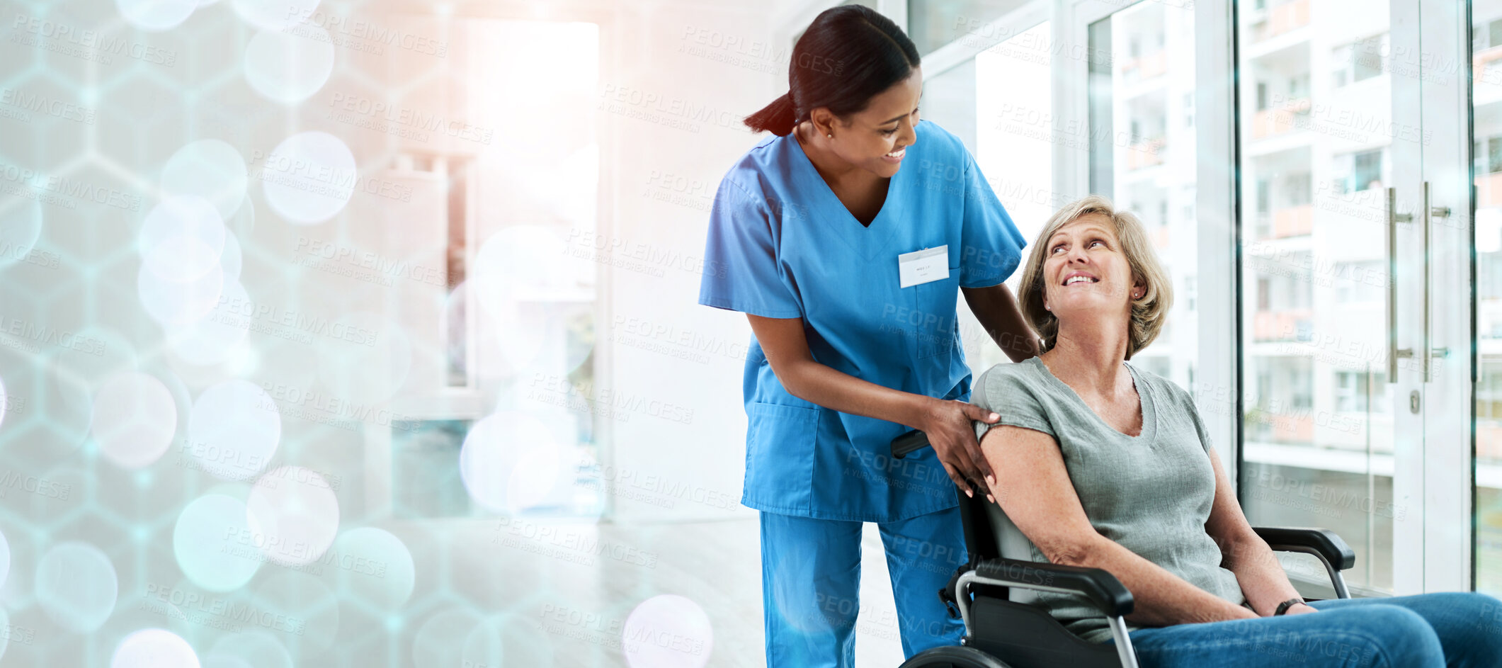 Buy stock photo Patient with disability, nurse and smile in wheelchair for healthcare, wellness and medicare. Medical professional, bokeh and overlay in mockup, physiotherapy and happy, assistance and insurance