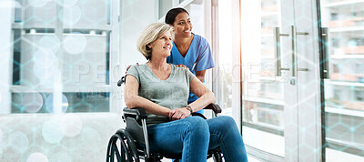 Buy stock photo Patient with disability, nurse and smile in clinic for healthcare, wellness and medicare. Medical professional, bokeh and overlay in mockup, physiotherapy and happy, assistance and insurance