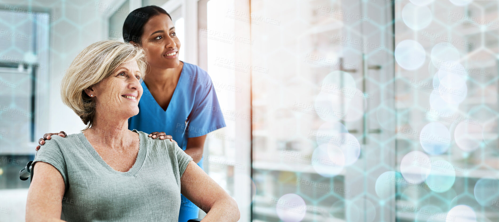 Buy stock photo Patient with disability, nurse and smile in hospital for healthcare, wellness and medicare. Medical professional, bokeh and overlay in mockup with people for support, elderly assistance and insurance