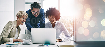 Buy stock photo Business people, laptop and meeting in coaching, planning or teamwork for project on bokeh background at office. Group of happy employees working on computer for schedule plan, ideas or team strategy