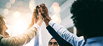 Closeup, high five and business people with support, hands and collaboration with mission, achievement or cooperation. Staff, group or corporate professionals with meeting, negotiation or celebration