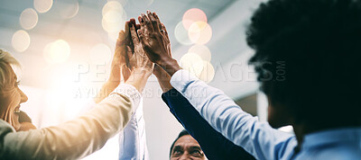 Buy stock photo Closeup, high five and business people with support, hands and collaboration with mission, achievement or cooperation. Staff, group or corporate professionals with teamwork, bokeh or celebration