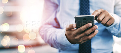 Buy stock photo Businessman, phone and hands typing for communication or networking on bokeh background at office. Closeup of man on mobile smartphone app for online texting, chatting or social media and research