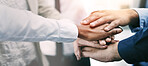 Closeup, stack and business people with teamwork, hands and collaboration with mission, partnership and cooperation. Staff, group and corporate professionals with meeting, negotiation and support