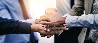 Buy stock photo Closeup, stack and business people with cooperation, hands and collaboration with mission, partnership and support. Staff, group and teamwork with meeting, negotiation and achievement with planning