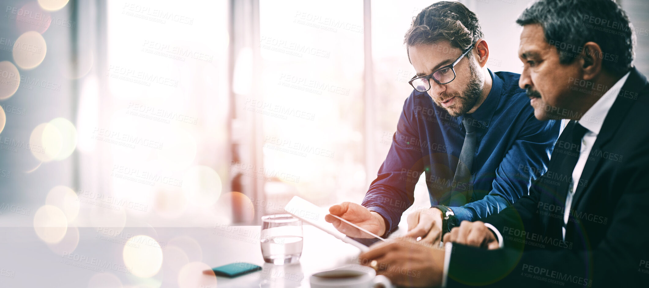 Buy stock photo Teamwork, tablet and business people on double exposure space for planning or strategy together. Collaboration, technology and research with a management team in the office boardroom on mockup