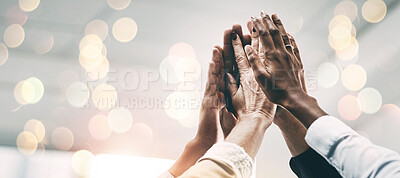 Buy stock photo Closeup, high five and business people with teamwork, hands and achievement with mission, support and cooperation. Staff, group and corporate professionals with meeting, banner and partnership