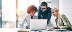 Business people, laptop and meeting in planning, teamwork or coaching for project on bokeh background at office. Group of happy employees working on computer for schedule plan, ideas or team strategy