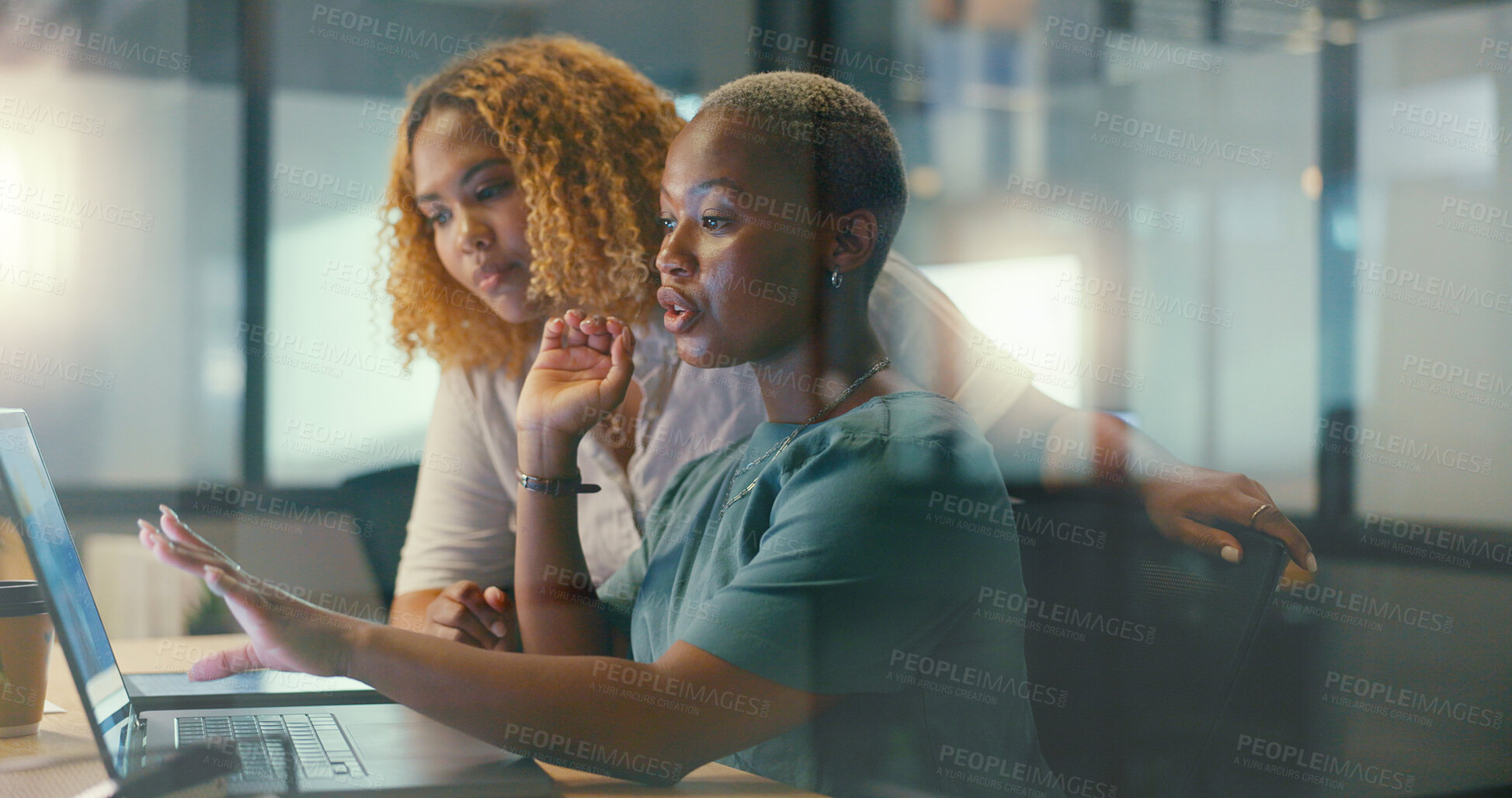 Buy stock photo Creative woman, laptop and coaching at night in planning, teamwork or meeting together at office. Female person or employees working late on computer, strategy or idea on project deadline for startup