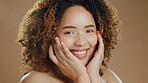 Happy woman, portrait and skincare in beauty, cosmetics or makeup against a studio background. Face of female person or model smile for dermatology, soft skin or facial spa treatment and grooming