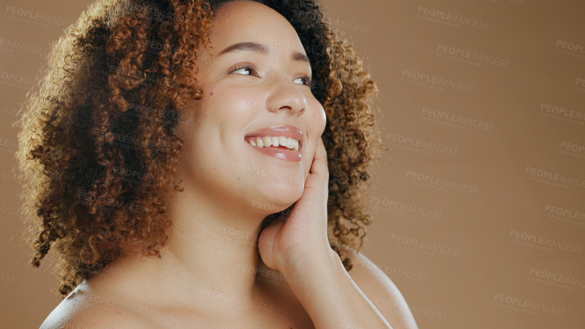 Buy stock photo Happy woman, face and skincare in beauty, cosmetics or makeup against a studio background. Female person or model smile for dermatology, soft skin or facial spa treatment and grooming on mockup space