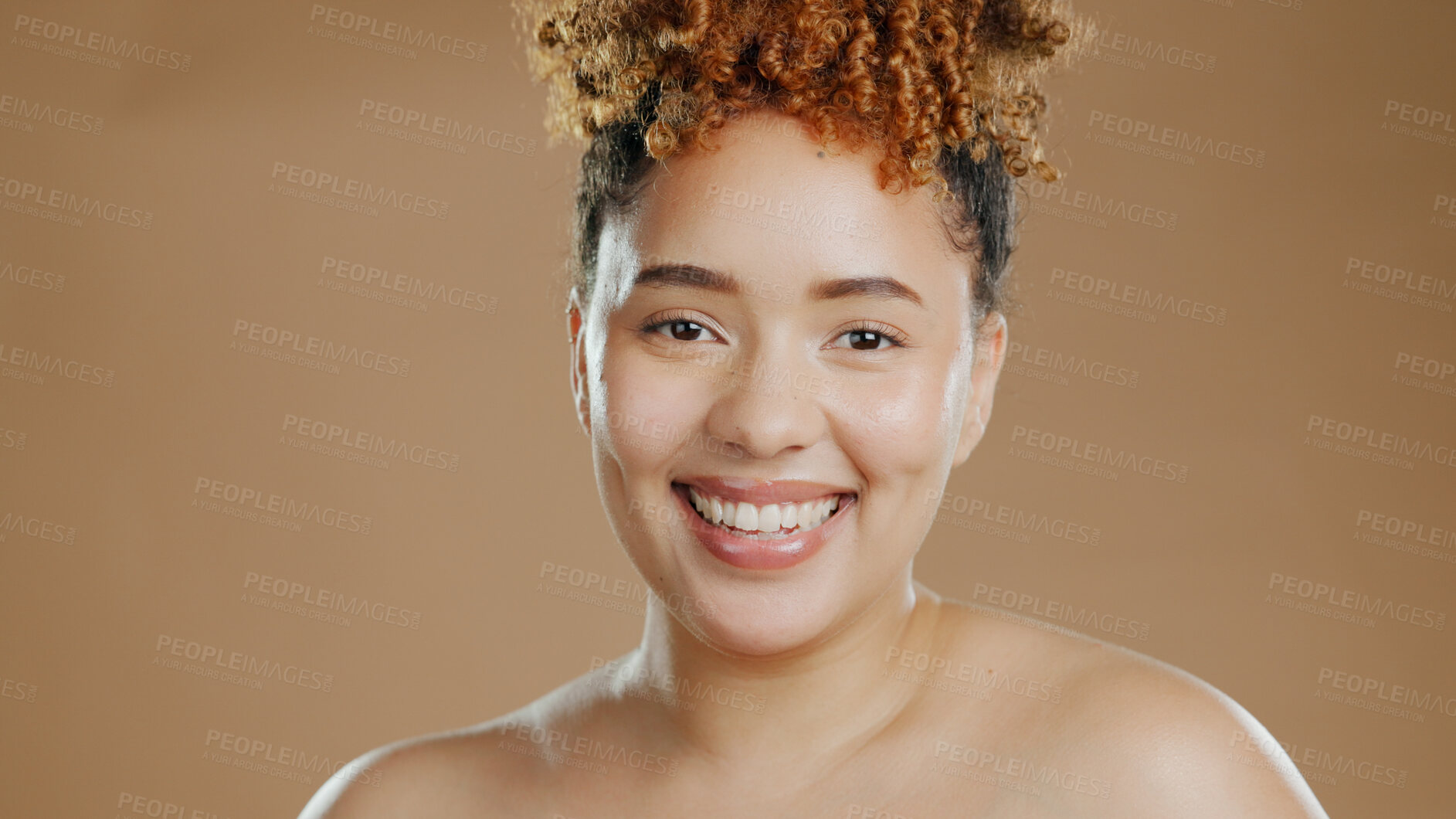 Buy stock photo Woman in portrait, natural beauty and happy with cosmetics and skin glow isolated on brown background. Dermatology, wellness with skincare and face with smile, self care and anti aging in studio