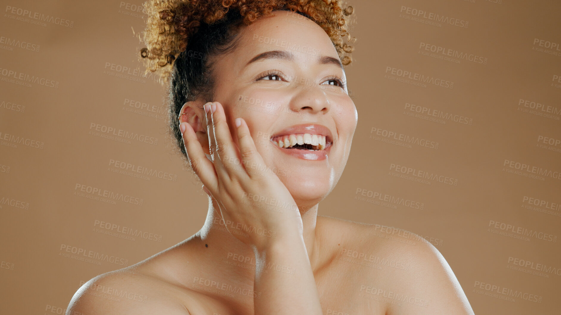 Buy stock photo Woman, face with natural beauty and happy with cosmetics and skin glow isolated on brown background. Dermatology, wellness with skincare and Brazilian model smile, self care and anti aging in studio