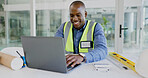 Laptop, smile and a black man architect in an office for planning a building project. Computer, design and a happy young construction worker in the workplace for research as a maintenance contractor