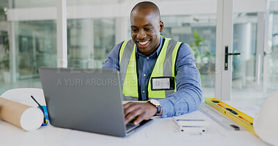 Buy stock photo Laptop, smile and a black man architect in an office for planning a building project. Computer, design and a happy young construction worker in the workplace for research as a maintenance contractor