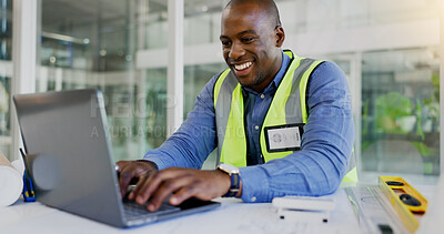 Buy stock photo Laptop, design and a black man construction worker in an office for planning a building project. Computer, smile and a happy young engineer in the workplace for research as a maintenance contractor