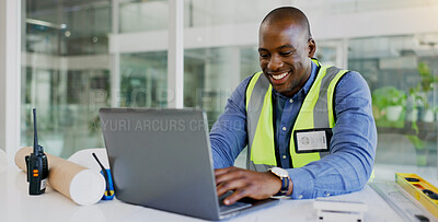 Buy stock photo Laptop, architecture and a black man construction worker in an office for planning a building project. Computer, smile and a happy young engineer in the workplace for research as a contractor