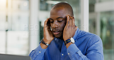 Buy stock photo Businessman, stress and headache in office, burnout and anxiety for problem, issue and profession. Black person, frustrated and worry for deadline, mistake and pressure or overwhelmed or overworked