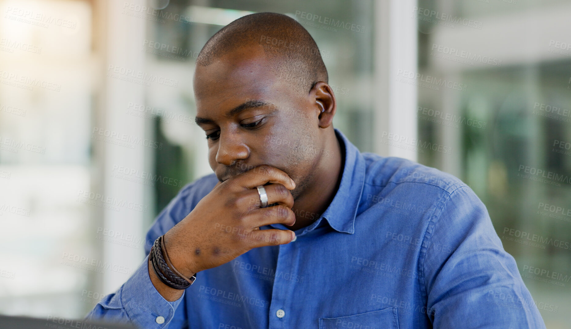 Buy stock photo Businessman, stress and thinking in office, burnout and anxiety for problem, issue and profession. Black person, frustrated and worry for deadline, mistake and pressure or overwhelmed or overworked