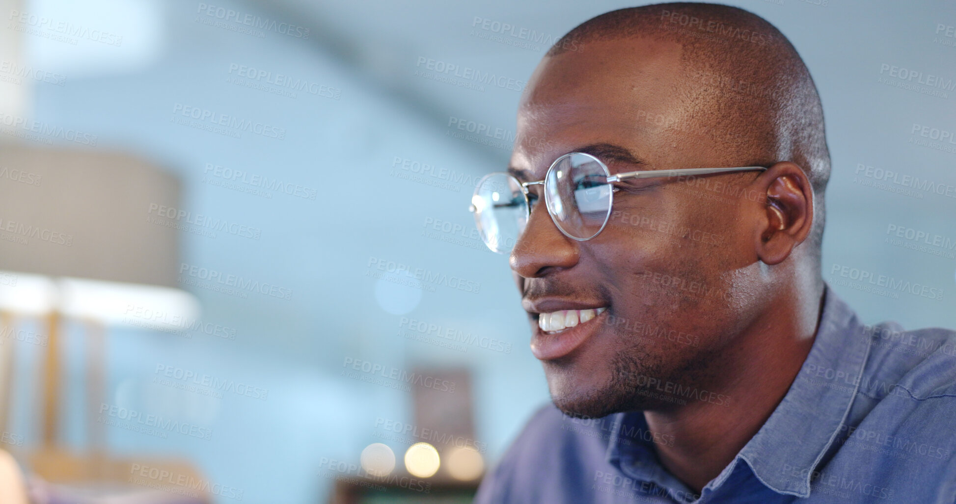 Buy stock photo Reading, research and professional businessman in the office planning legal project with deadline. Focus, glasses and professional African male attorney working on a law case in workplace at night.