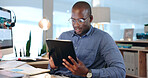 Businessman, black man and tablet for research, planning and networking in modern office with glasses. Face, african person and touchscreen for reading, technology and digital marketing at workplace
