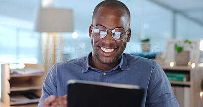 Buy stock photo Businessman, black man and tablet for research, communication and planning in modern office with glasses. Face, african person and touchscreen for reading, technology and digital marketing at work