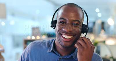 Buy stock photo Call center, portrait and black man with smile at desk in office with pride, confidence and success in customer service. Businessman, face and happy with career in Kenya crm, b2b contact or support